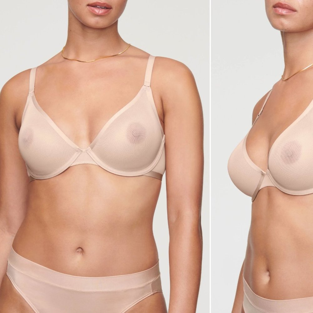 CUUP 34D Mesh Plunge Bra in Sand